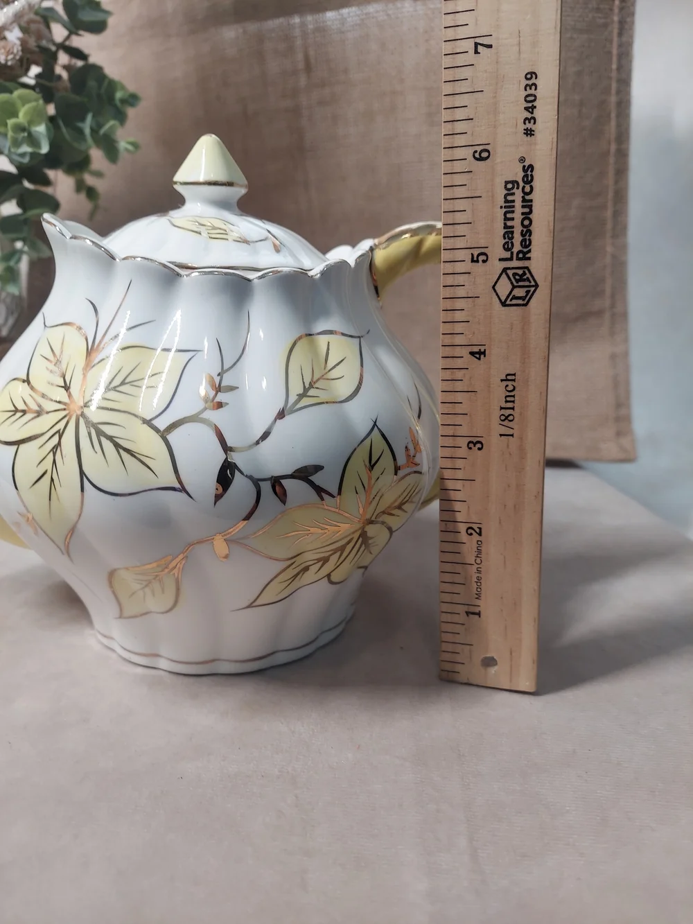 Vintage Royal Sealy Japan Yellow Leaf & Gold Trim Fluted Ceramic Teapot with Lid